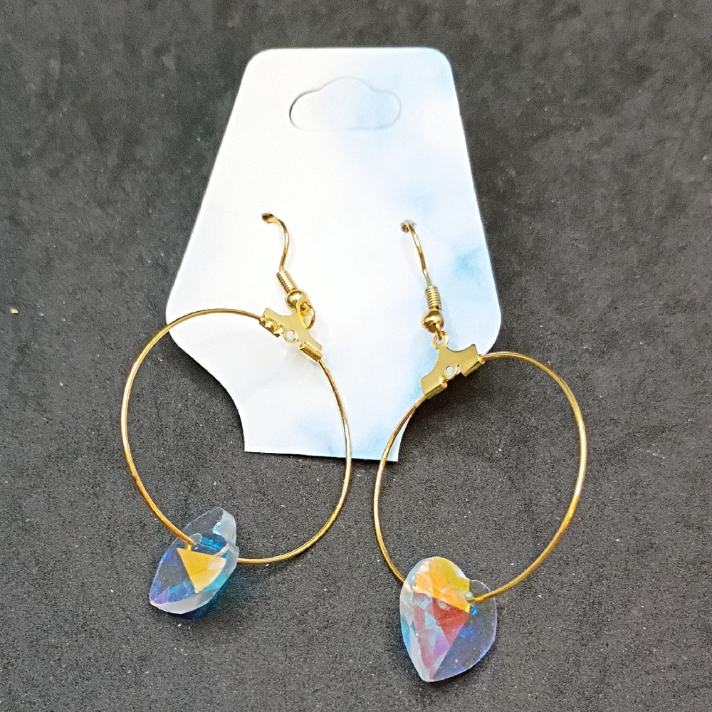 Gold Hoop Earrings with Iridescent Heart Pendant - Women Jewelry